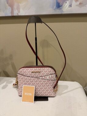 Michael Kors Pink MK Logo Crossbody with Red Strap and Gold Hardware